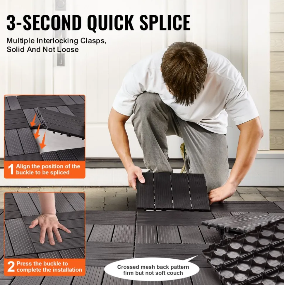 VEVOR Interlocking Deck Tiles, 10 Pack,12"x12" 10 sq. ft Plastic Waterproof Outdoor Flooring All Weather Use, Patio Floor Decking Covering Tiles for Porch Poolside Balcony Backyard, Dark Brown