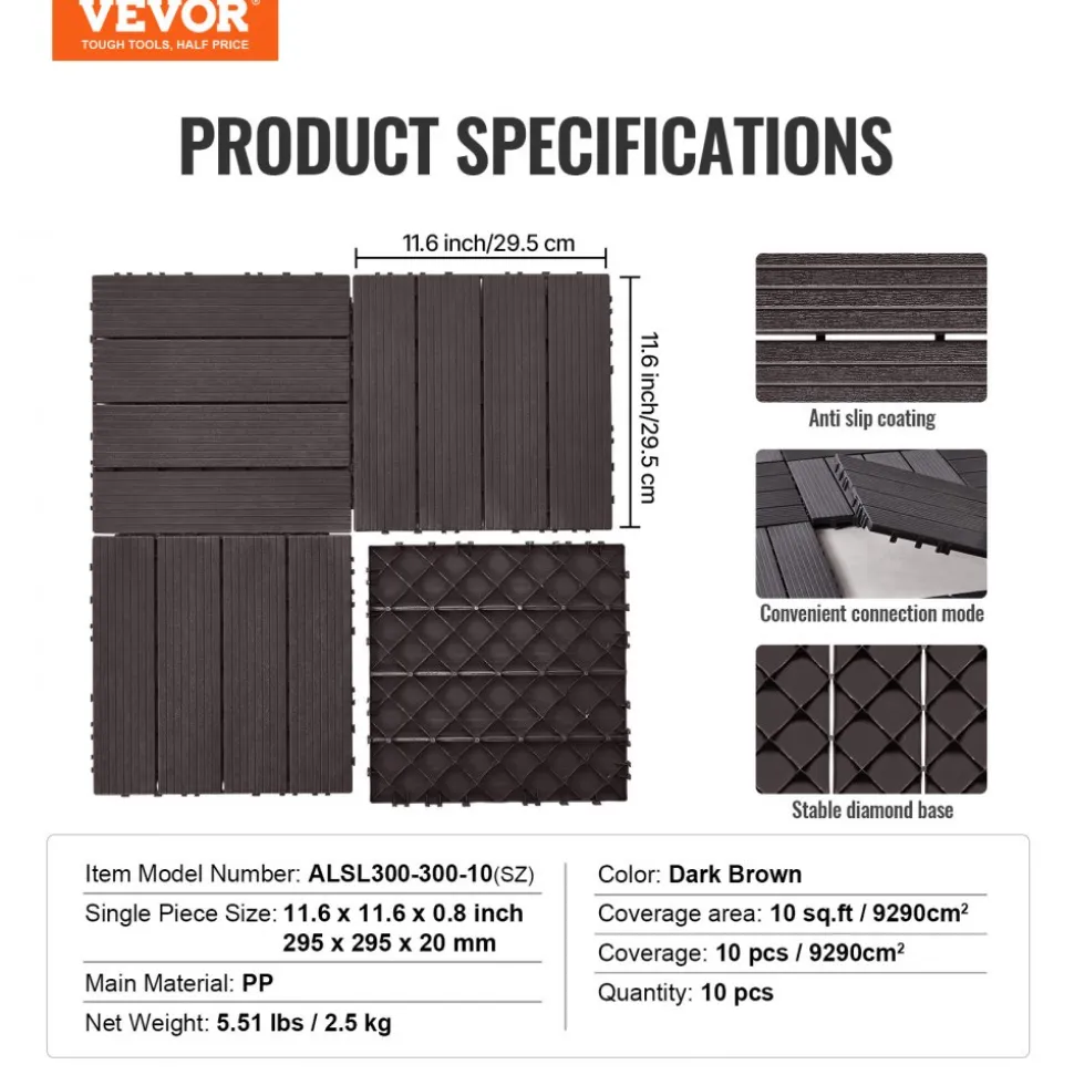 VEVOR Interlocking Deck Tiles, 10 Pack,12"x12" 10 sq. ft Plastic Waterproof Outdoor Flooring All Weather Use, Patio Floor Decking Covering Tiles for Porch Poolside Balcony Backyard, Dark Brown