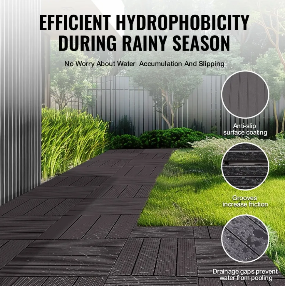 VEVOR Interlocking Deck Tiles, 36 Pack,11.6"x11.6" 36 sq. ft Plastic Waterproof Outdoor Flooring All Weather Use, Patio Floor Decking Covering Tiles for Porch Poolside Balcony Backyard, Dark Grey