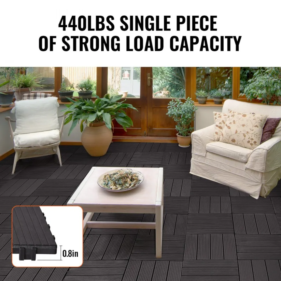 VEVOR Interlocking Deck Tiles, 36 Pack,11.6"x11.6" 36 sq. ft Plastic Waterproof Outdoor Flooring All Weather Use, Patio Floor Decking Covering Tiles for Porch Poolside Balcony Backyard, Dark Grey