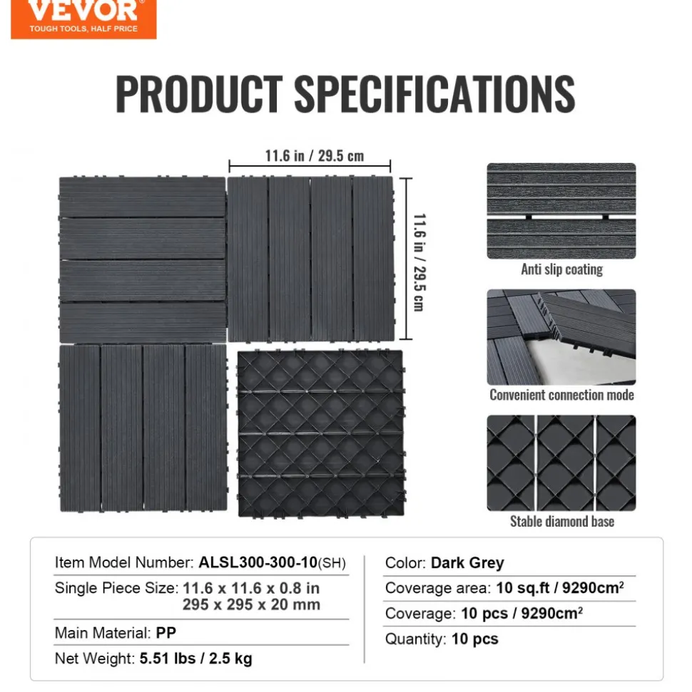 VEVOR Interlocking Deck Tiles, 10 Pack,12"x12" 10 sq. ft Plastic Waterproof Outdoor Flooring All Weather Use, Patio Floor Decking Covering Tiles for Porch Poolside Balcony Backyard, Dark Grey