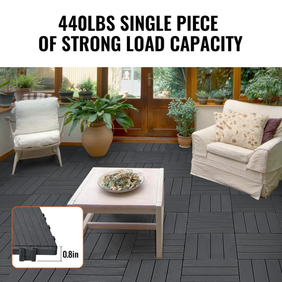 VEVOR Interlocking Deck Tiles, 10 Pack,12"x12" 10 sq. ft Plastic Waterproof Outdoor Flooring All Weather Use, Patio Floor Decking Covering Tiles for Porch Poolside Balcony Backyard, Dark Grey