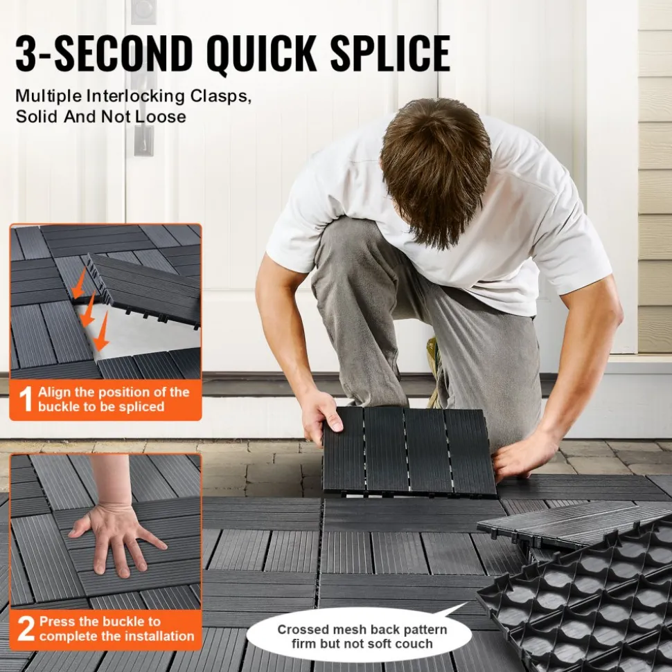 VEVOR Interlocking Deck Tiles, 10 Pack,12"x12" 10 sq. ft Plastic Waterproof Outdoor Flooring All Weather Use, Patio Floor Decking Covering Tiles for Porch Poolside Balcony Backyard, Dark Grey