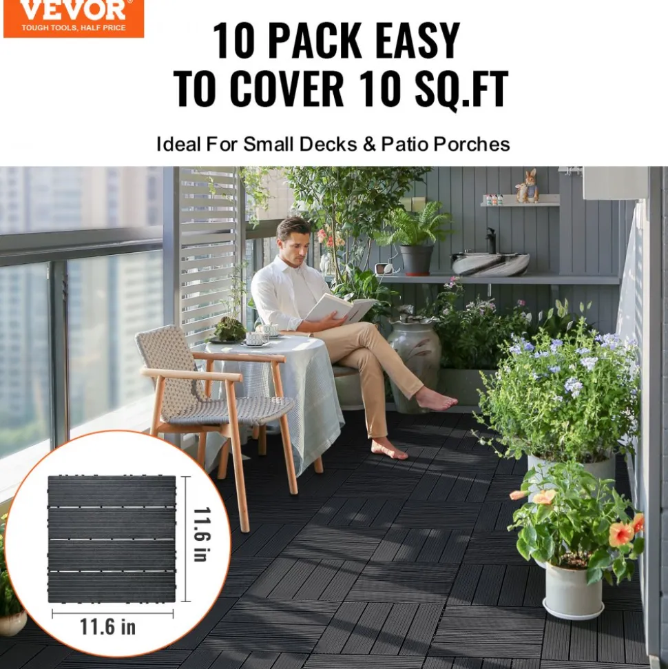 VEVOR Interlocking Deck Tiles, 10 Pack,12"x12" 10 sq. ft Plastic Waterproof Outdoor Flooring All Weather Use, Patio Floor Decking Covering Tiles for Porch Poolside Balcony Backyard, Dark Grey