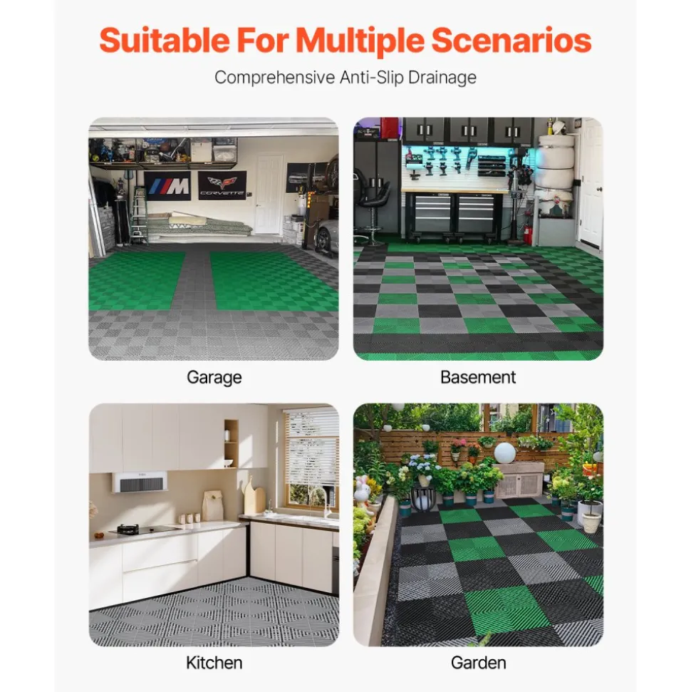 VEVOR Interlocking Drainage Mat, 12” x 12” Modular Interlocking Cushion, 55 Pcs Splicing Drainage Mats, Non-Slip Gray PP Drainage Floor Tile and Shower Mat, for Garage, Garden, Kitchen & Outdoor