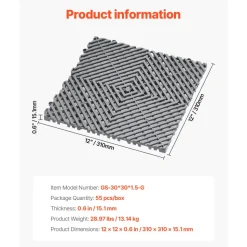 VEVOR Interlocking Drainage Mat, 12” x 12” Modular Interlocking Cushion, 55 Pcs Splicing Drainage Mats, Non-Slip Gray PP Drainage Floor Tile and Shower Mat, for Garage, Garden, Kitchen & Outdoor