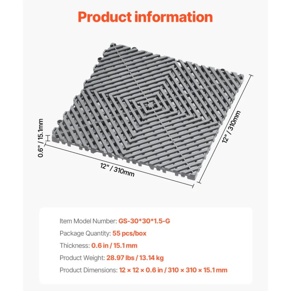 VEVOR Interlocking Drainage Mat, 12” x 12” Modular Interlocking Cushion, 55 Pcs Splicing Drainage Mats, Non-Slip Gray PP Drainage Floor Tile and Shower Mat, for Garage, Garden, Kitchen & Outdoor