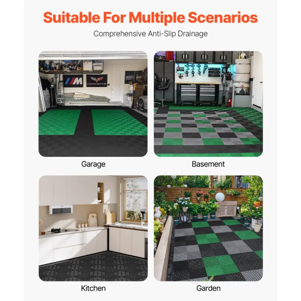 VEVOR Interlocking Drainage Mat, 50 Pcs Modular Interlocking Cushion, 12” x 12” Splicing Drainage Mats, Non-Slip Green PP Drainage Floor Tile and Shower Mat, for Garage, Garden, Kitchen & Outdoor