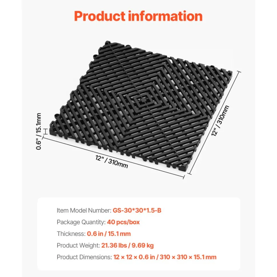 VEVOR Interlocking Drainage Mat, 50 Pcs Modular Interlocking Cushion, 12” x 12” Splicing Drainage Mats, Non-Slip Green PP Drainage Floor Tile and Shower Mat, for Garage, Garden, Kitchen & Outdoor