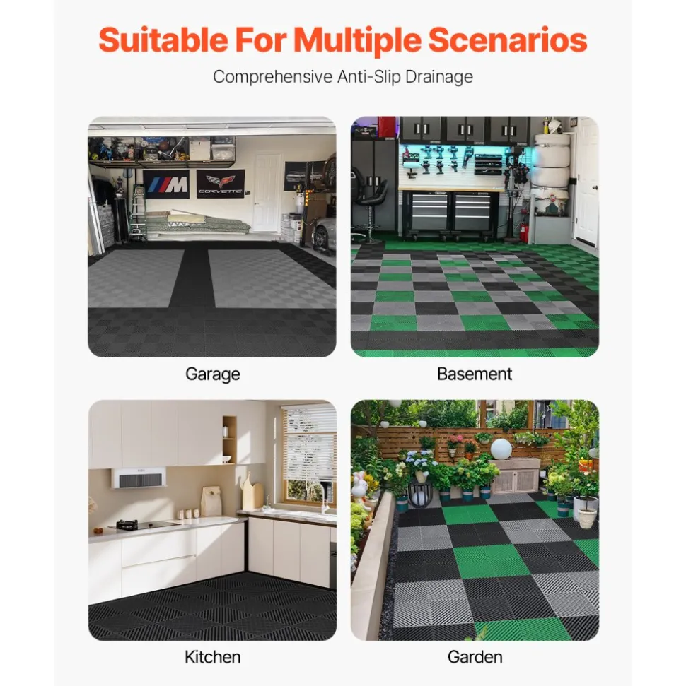 VEVOR Interlocking Drainage Mat, 12” x 12” Modular Interlocking Cushion, 12 Pcs Splicing Drainage Mats, Non-Slip Gray PP Drainage Floor Tile and Shower Mat, for Garage, Garden, Kitchen & Outdoor