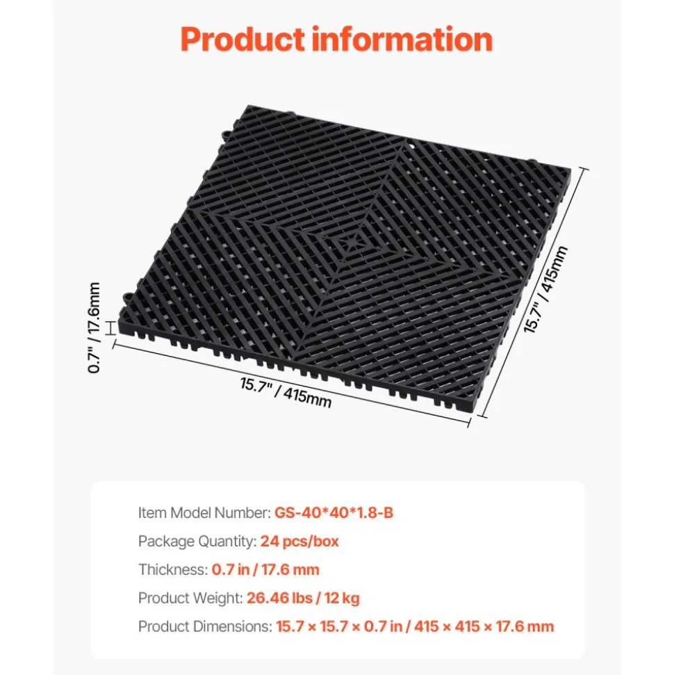 VEVOR Interlocking Drainage Mat, 12” x 12” Modular Interlocking Cushion, 12 Pcs Splicing Drainage Mats, Non-Slip Gray PP Drainage Floor Tile and Shower Mat, for Garage, Garden, Kitchen & Outdoor