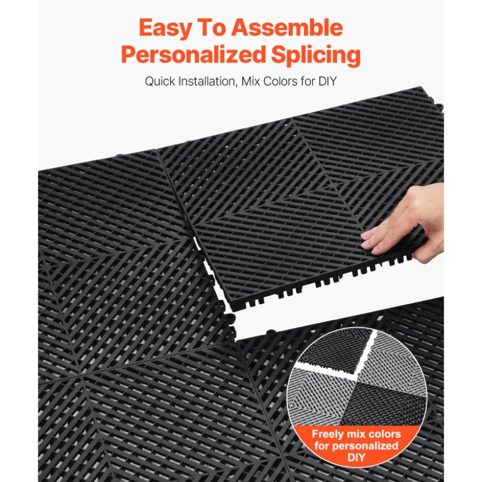 VEVOR Interlocking Drainage Mat, 12” x 12” Modular Interlocking Cushion, 12 Pcs Splicing Drainage Mats, Non-Slip Gray PP Drainage Floor Tile and Shower Mat, for Garage, Garden, Kitchen & Outdoor