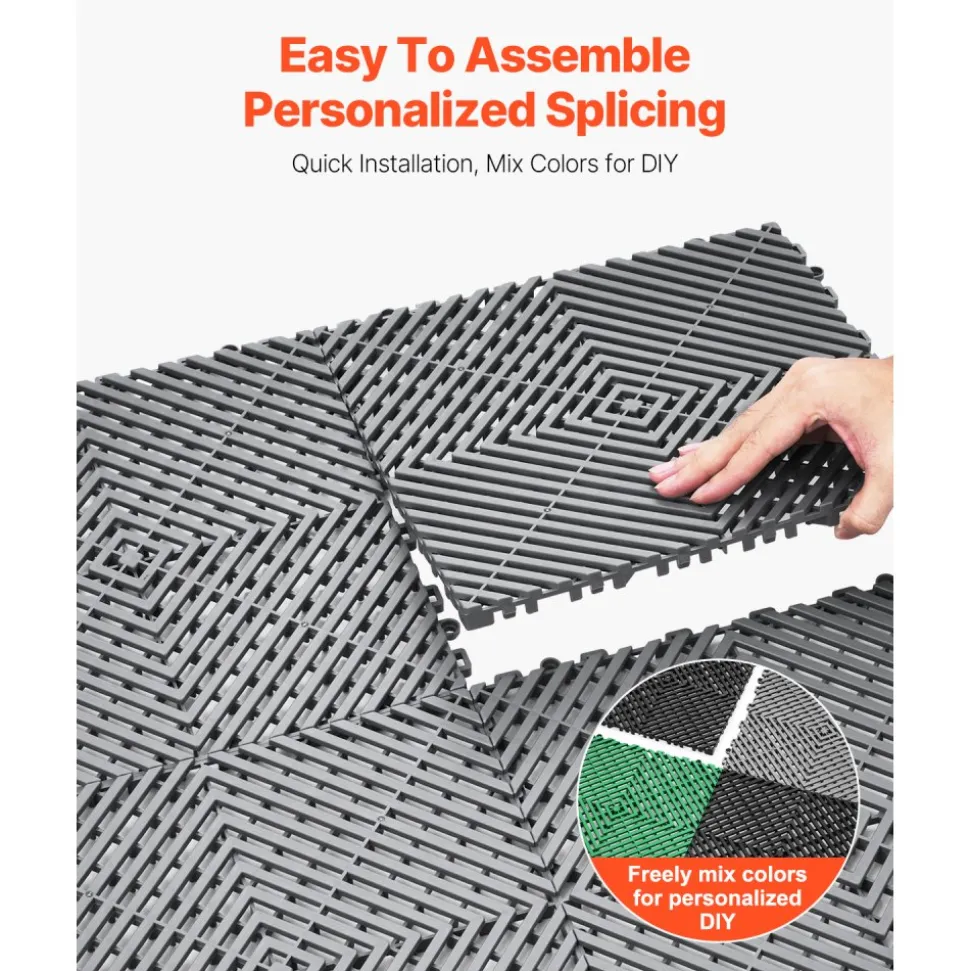VEVOR Interlocking Drainage Mat, 12” x 12” Modular Interlocking Cushion, 40 Pcs Splicing Drainage Mats, Non-Slip Gray PP Drainage Floor Tile and Shower Mat, for Garage, Garden, Kitchen & Outdoor