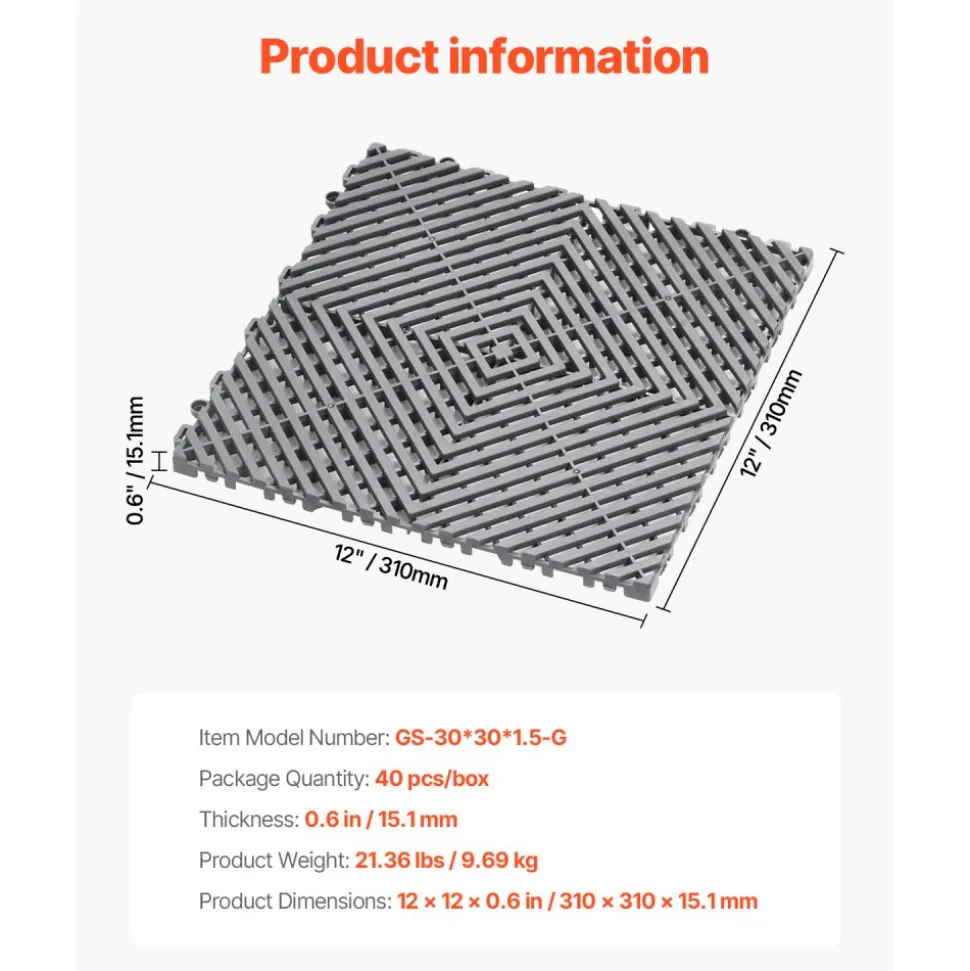 VEVOR Interlocking Drainage Mat, 12” x 12” Modular Interlocking Cushion, 40 Pcs Splicing Drainage Mats, Non-Slip Gray PP Drainage Floor Tile and Shower Mat, for Garage, Garden, Kitchen & Outdoor