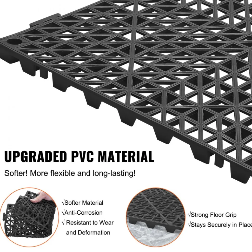 VEVOR Interlocking Tile 50PCS Black, Drainage Tiles 12" x 12" Splicing, Soft PVC Interlocking Drainage Floor Tiles, Non-Slip Drainage Holes for Restroom, Bathroom, Kitchen, Pool, Wet Areas