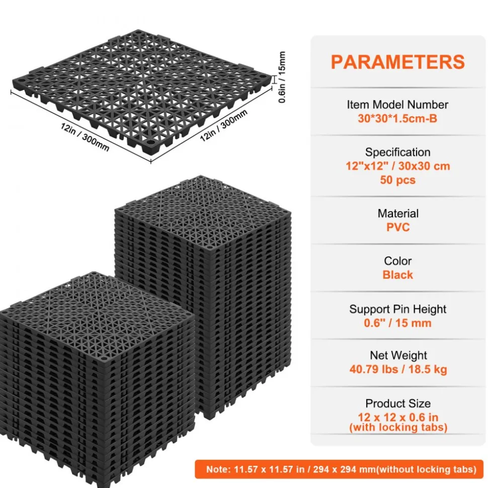 VEVOR Interlocking Tile 50PCS Black, Drainage Tiles 12" x 12" Splicing, Soft PVC Interlocking Drainage Floor Tiles, Non-Slip Drainage Holes for Restroom, Bathroom, Kitchen, Pool, Wet Areas