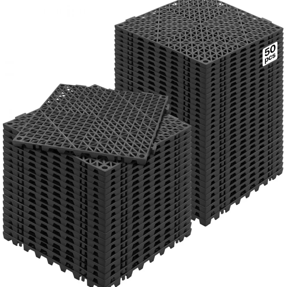 VEVOR Interlocking Tile 50PCS Black, Drainage Tiles 12" x 12" Splicing, Soft PVC Interlocking Drainage Floor Tiles, Non-Slip Drainage Holes for Restroom, Bathroom, Kitchen, Pool, Wet Areas