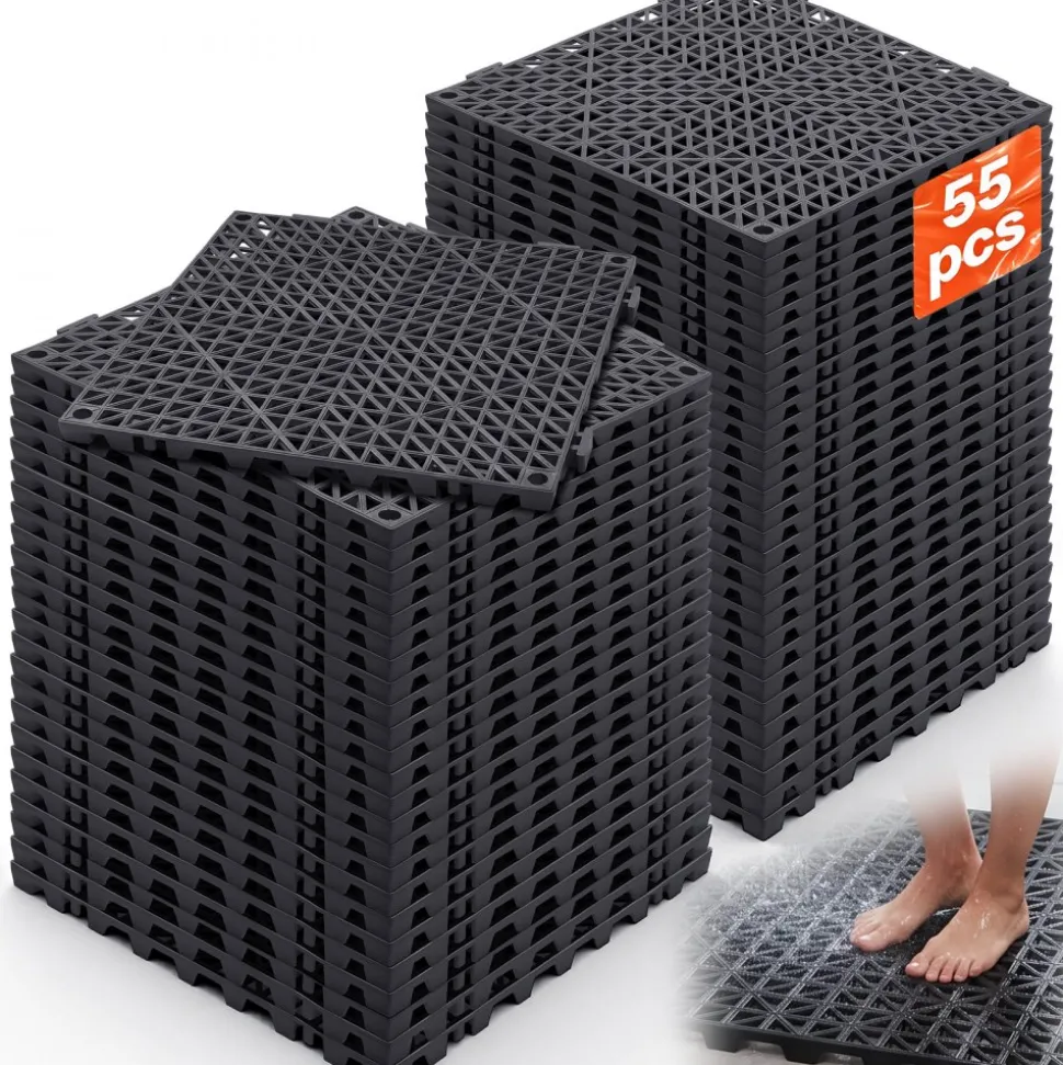 VEVOR Interlocking Tile 55PCS Black, Drainage Tiles 12" x 12" Splicing, Soft PVC Interlocking Drainage Floor Tiles, Non-Slip Drainage Holes for Restroom, Bathroom, Kitchen, Pool, Wet Areas