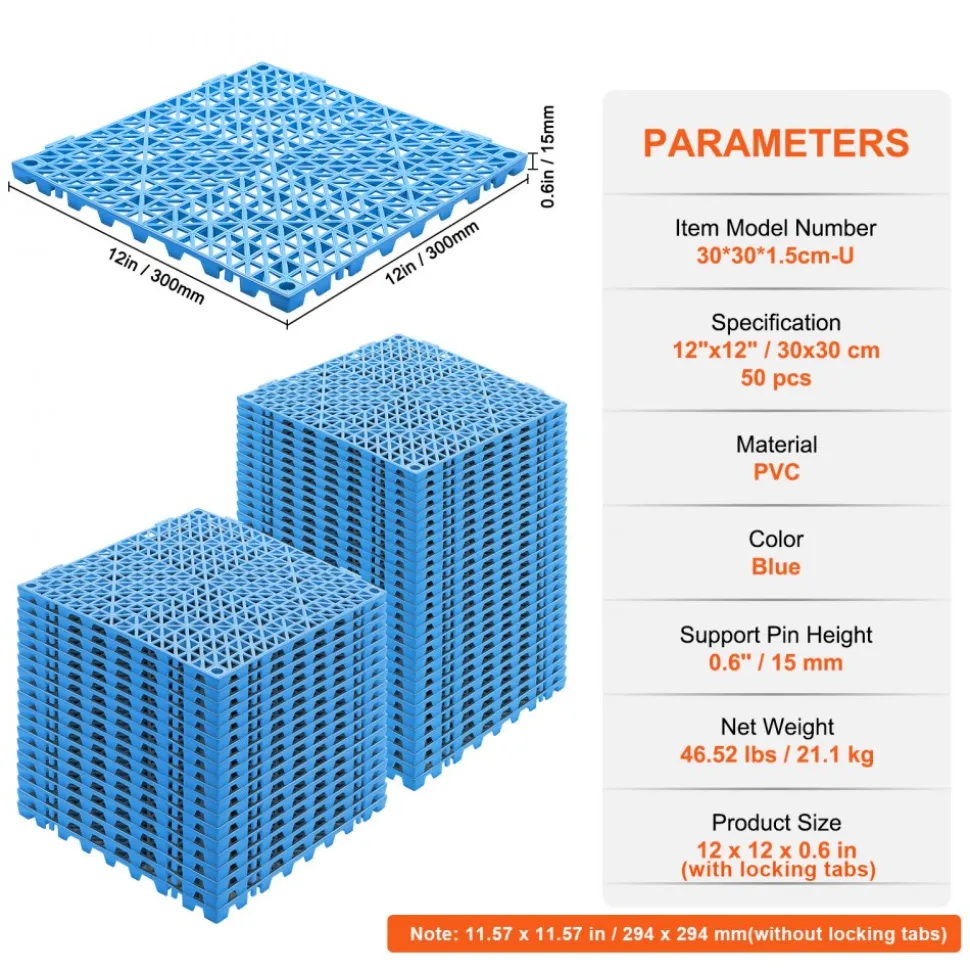 VEVOR Interlocking Tile 50PCS Blue, Drainage Tiles 12" x 12" Splicing, Soft PVC Interlocking Drainage Floor Tiles, Non-Slip Drainage Holes for Restroom, Bathroom, Kitchen, Pool, Wet Areas