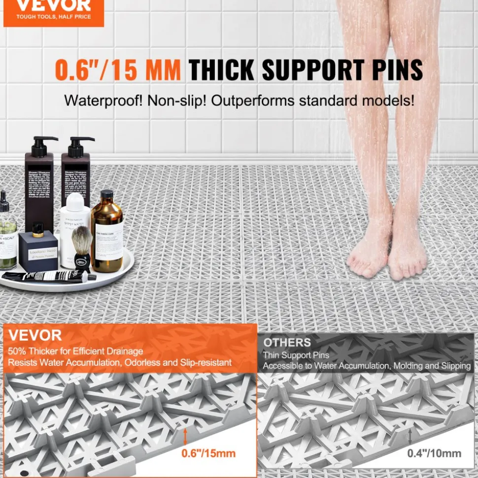 VEVOR Interlocking Tile 50PCS Gray, Drainage Tiles 12" x 12" Splicing, Soft PVC Interlocking Drainage Floor Tiles, Non-Slip Drainage Holes for Restroom, Bathroom, Kitchen, Pool, Wet Areas