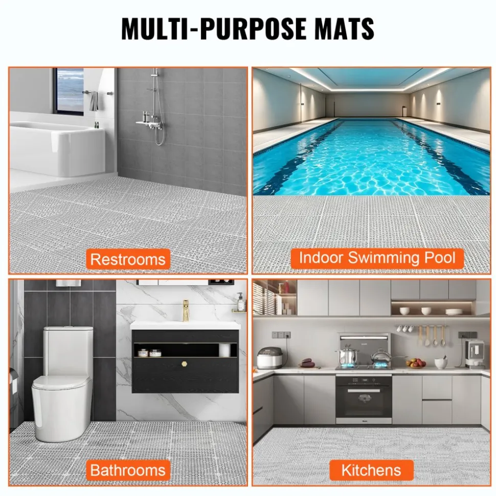 VEVOR Interlocking Tile 50PCS Gray, Drainage Tiles 12" x 12" Splicing, Soft PVC Interlocking Drainage Floor Tiles, Non-Slip Drainage Holes for Restroom, Bathroom, Kitchen, Pool, Wet Areas