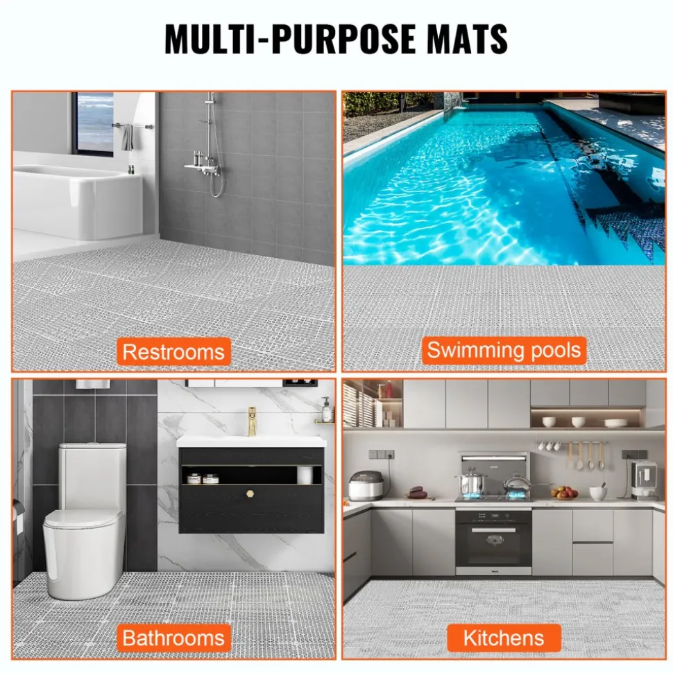 VEVOR Interlocking Tile 55PCS Grey, Drainage Tiles 12" x 12"x 0.6 Splicing, Soft PVC Interlocking Floor Tiles, Non-Slip Drainage Holes for Restroom, Bathroom, Kitchen, Pool, Wet Area