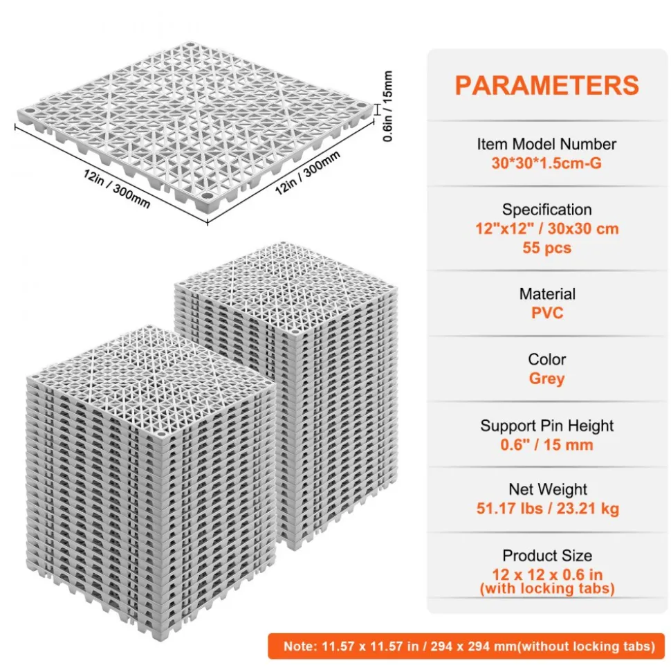 VEVOR Interlocking Tile 55PCS Grey, Drainage Tiles 12" x 12"x 0.6 Splicing, Soft PVC Interlocking Floor Tiles, Non-Slip Drainage Holes for Restroom, Bathroom, Kitchen, Pool, Wet Area