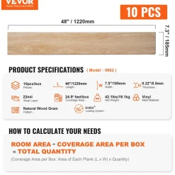 VEVOR Interlocking Vinyl Floor Tiles 48 x 7.3 inch, 10 Tiles 5.5mm Thick Snap Together, Natural Wood Grain DIY Flooring for Kitchen, Dining Room, Bedrooms & Bathrooms, Easy for Home Decor