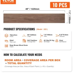 VEVOR Interlocking Vinyl Floor Tiles 48 x 7.3 inch, 10 Tiles 5.5mm Thick Snap Together, Deep Brown Wood Grain DIY Flooring for Kitchen, Dining Room, Bedrooms & Bathrooms, Easy for Home Decor