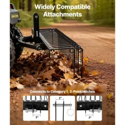 VEVOR 60 in Tow Behind Landscape Rake, 3 Point Hitch Lawn Dethatcher Rake, 26 Spring Steel Tines, for Category 1 Tractors, Heavy Duty & Rust-Resistant Rakes Tractor Attachments for Leaves Pine Needles