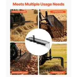 VEVOR 60 in Tow Behind Landscape Rake, 3 Point Hitch Lawn Dethatcher Rake, 26 Spring Steel Tines, for Category 1 Tractors, Heavy Duty & Rust-Resistant Rakes Tractor Attachments for Leaves Pine Needles