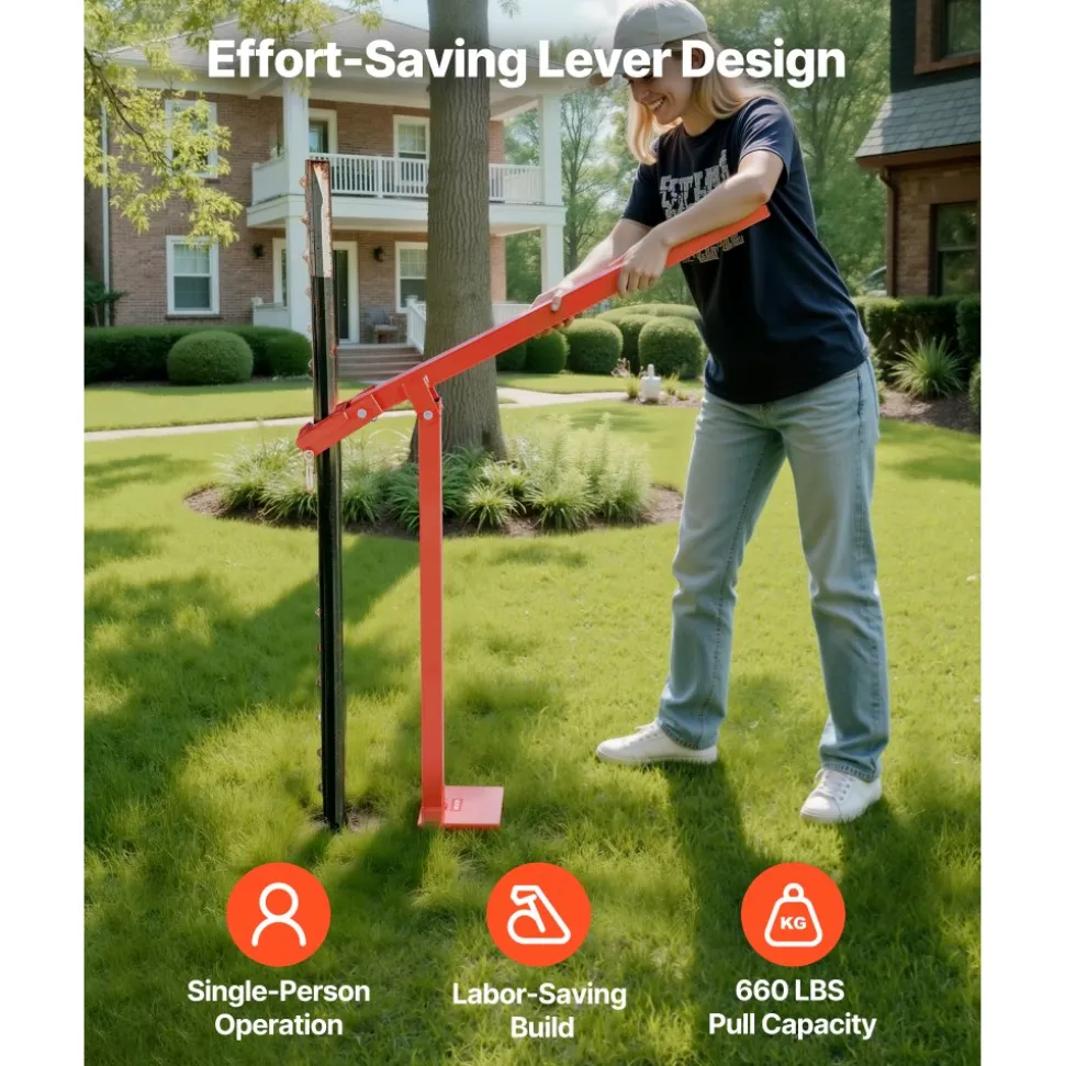 VEVOR 32 in T Post Puller, Heavy Duty Fence Post Puller with 43 in Lifting Chain, Rust-Resistant Steel, Labor-Saving T-Post Remover Tool for Round Fence Posts, Sign Posts & Tree Stumps