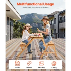 VEVOR 2-in-1 Transforming Interchangeable Picnic Table, Outdoor Wooden Table and Bench Set, Portable Foldable Bench with Umbrella Hole, Patio Dining Furniture for Garden, Backyard, Porch (Brown)