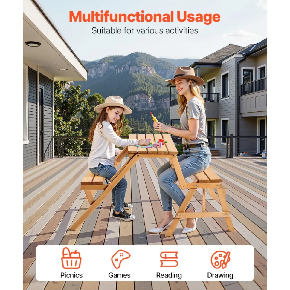 VEVOR 2-in-1 Transforming Interchangeable Picnic Table, Outdoor Wooden Table and Bench Set, Portable Foldable Bench with Umbrella Hole, Patio Dining Furniture for Garden, Backyard, Porch (Brown)
