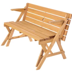 VEVOR 2-in-1 Transforming Interchangeable Picnic Table, Outdoor Wooden Table and Bench Set, Portable Foldable Bench with Umbrella Hole, Patio Dining Furniture for Garden, Backyard, Porch (Brown)