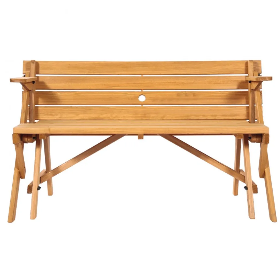 VEVOR 2-in-1 Transforming Interchangeable Picnic Table, Outdoor Wooden Table and Bench Set, Portable Foldable Bench with Umbrella Hole, Patio Dining Furniture for Garden, Backyard, Porch (Brown)