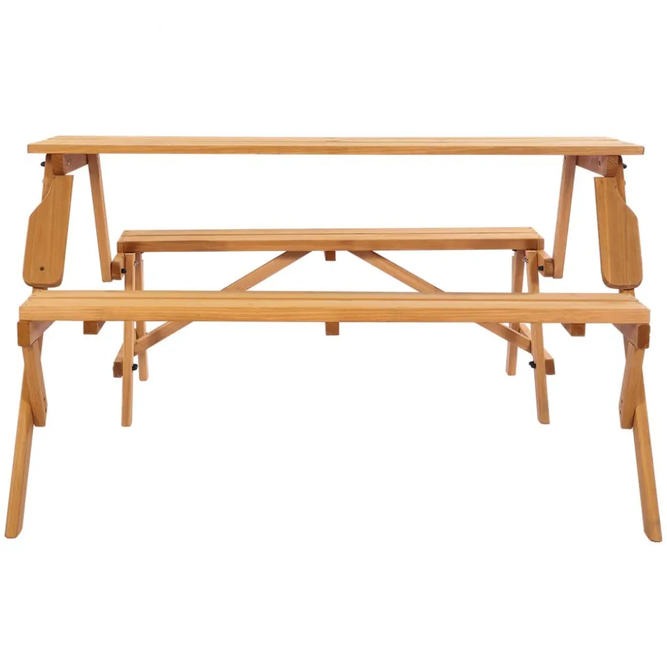 VEVOR 2-in-1 Transforming Interchangeable Picnic Table, Outdoor Wooden Table and Bench Set, Portable Foldable Bench with Umbrella Hole, Patio Dining Furniture for Garden, Backyard, Porch (Brown)