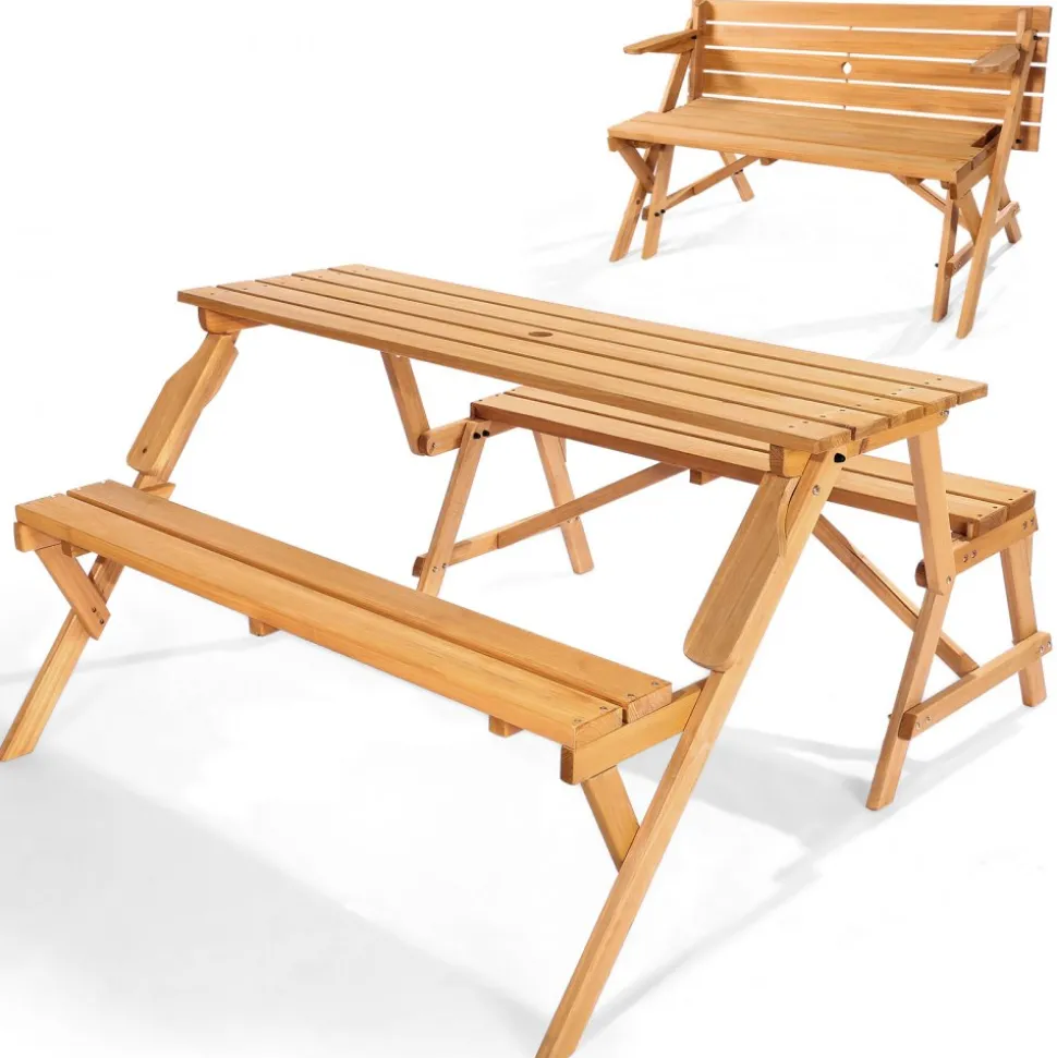 VEVOR 2-in-1 Transforming Interchangeable Picnic Table, Outdoor Wooden Table and Bench Set, Portable Foldable Bench with Umbrella Hole, Patio Dining Furniture for Garden, Backyard, Porch (Brown)