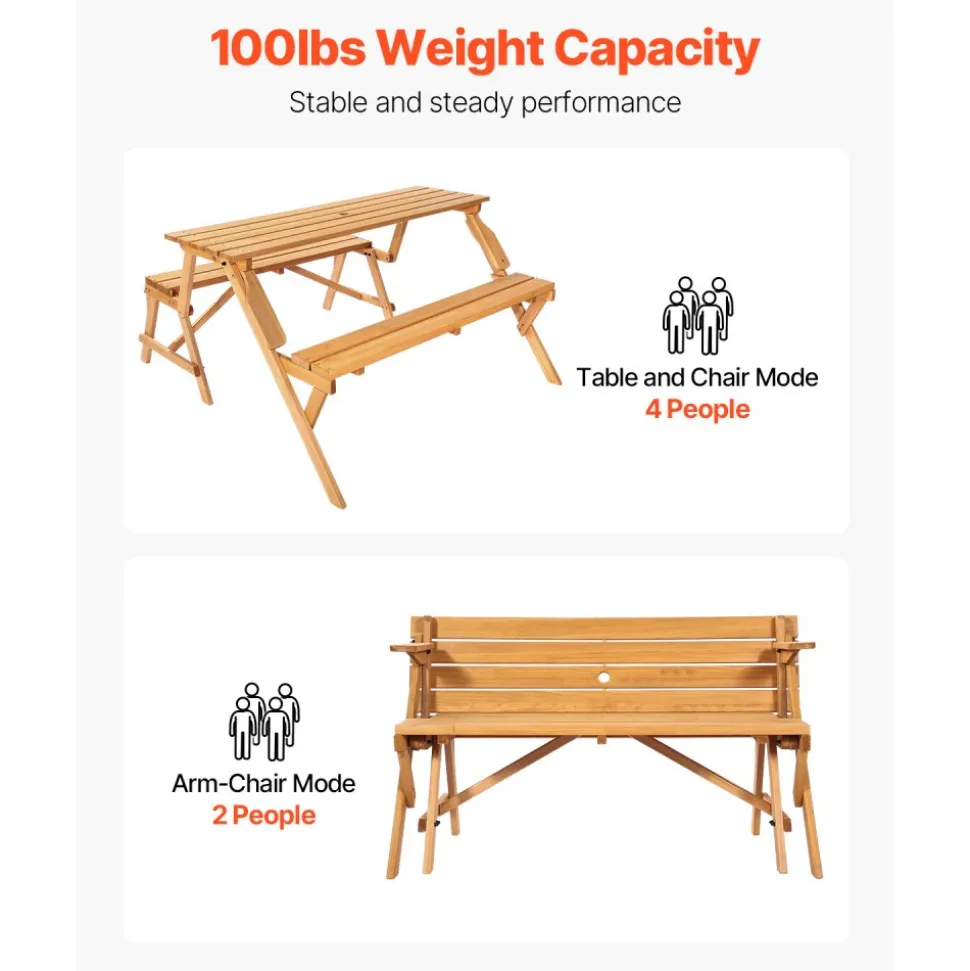 VEVOR 2-in-1 Transforming Interchangeable Picnic Table, Outdoor Wooden Table and Bench Set, Portable Foldable Bench with Umbrella Hole, Patio Dining Furniture for Garden, Backyard, Porch (Brown)