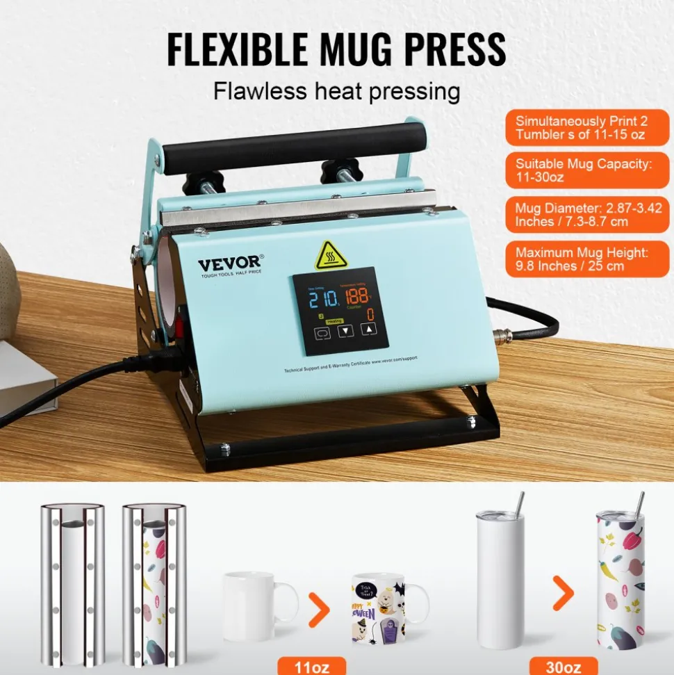 VEVOR 2 in 1 Tumbler and Hat Heat Press Machine, Mini Hat Heat Press for Caps and Hats, Tumbler Heat Press for 11-30oz Sublimation Tumblers and Mugs, Temperature and Time Control, Green