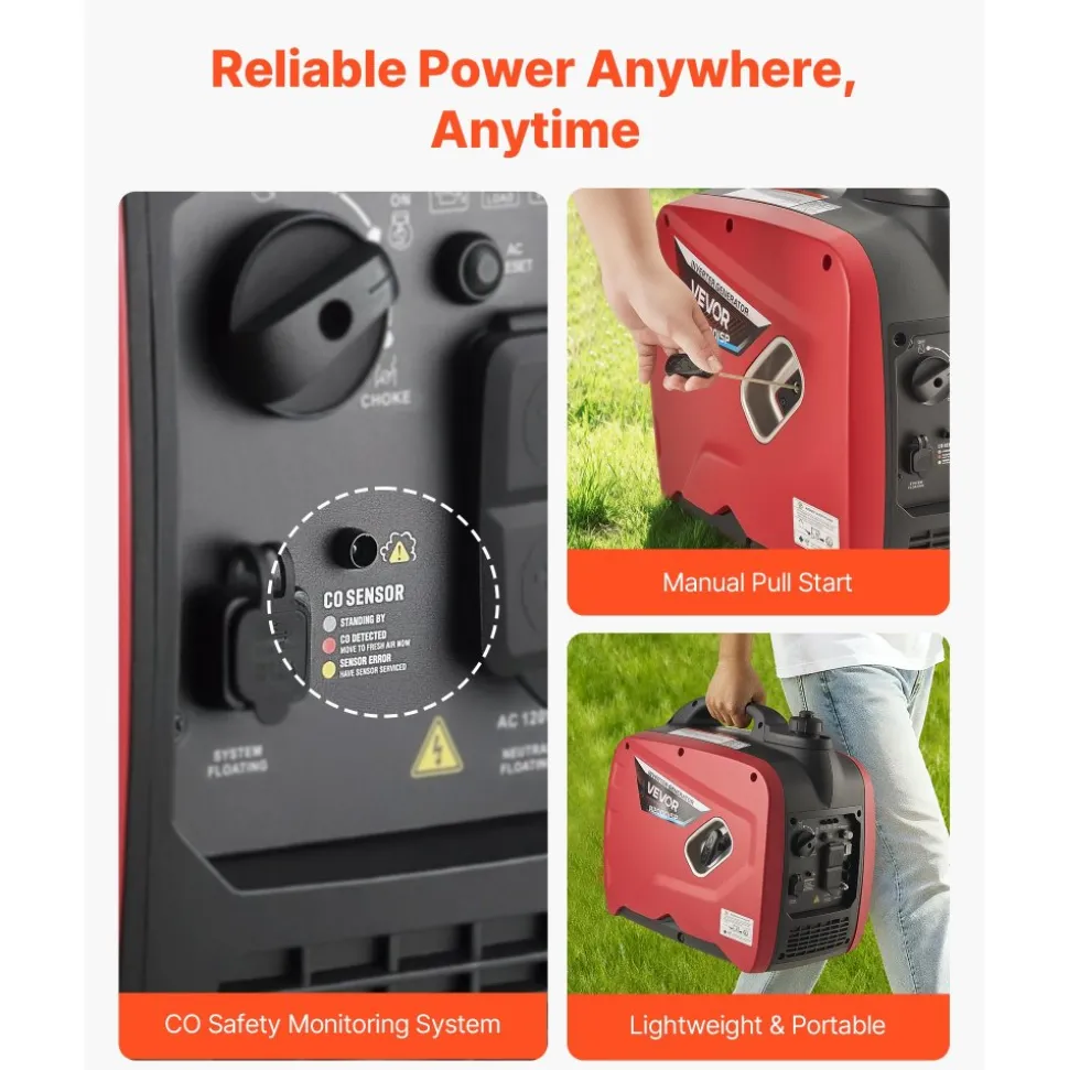 VEVOR Inverter Generator, 4200W Peak Watt Quiet Inverter Generator, Dual Fuel Inverters Generators for Home Outdoor, Gas & LPG Powered, Stable Power, CO Sensor, RV Ready 8.3A Outlet, Long Run Time