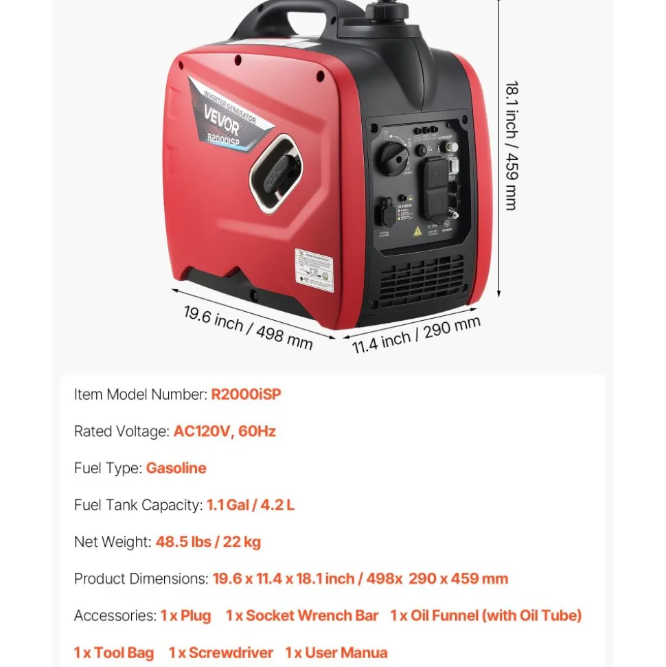 VEVOR Inverter Generator, 4200W Peak Watt Quiet Inverter Generator, Dual Fuel Inverters Generators for Home Outdoor, Gas & LPG Powered, Stable Power, CO Sensor, RV Ready 8.3A Outlet, Long Run Time