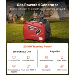 VEVOR Inverter Generator, 2300W Rated Power Quiet Inverter Generator, Portable Inverters Generators for Home Use, Gas Powered, Compact and Lightweight Design - Stable Power, CO Sensor, Long Run Time