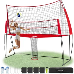 VEVOR 2-in-1 Volleyball Training Net System, Freely Height-Adjustable Practice Equipment with Ball Return, Portable Net Station, Easy Setup for Backyard Indoor Outdoor Serving Spiking Improve Accuracy