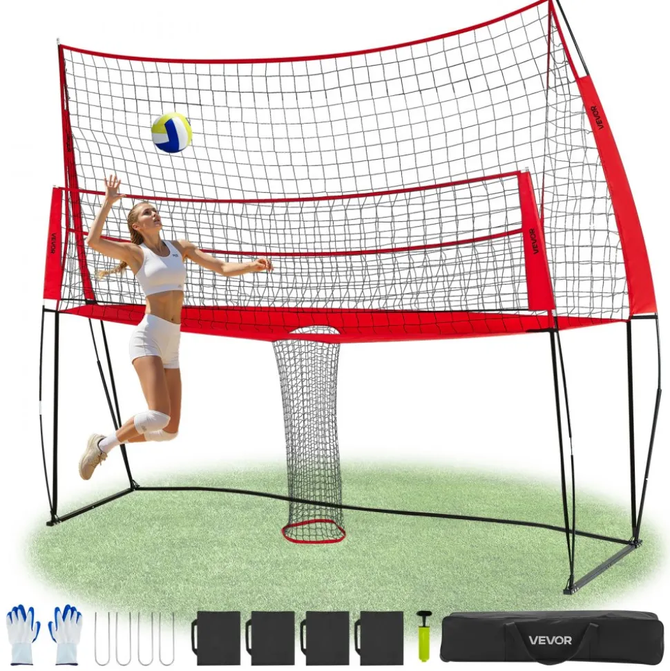 VEVOR 2-in-1 Volleyball Training Net System, Freely Height-Adjustable Practice Equipment with Ball Return, Portable Net Station, Easy Setup for Backyard Indoor Outdoor Serving Spiking Improve Accuracy