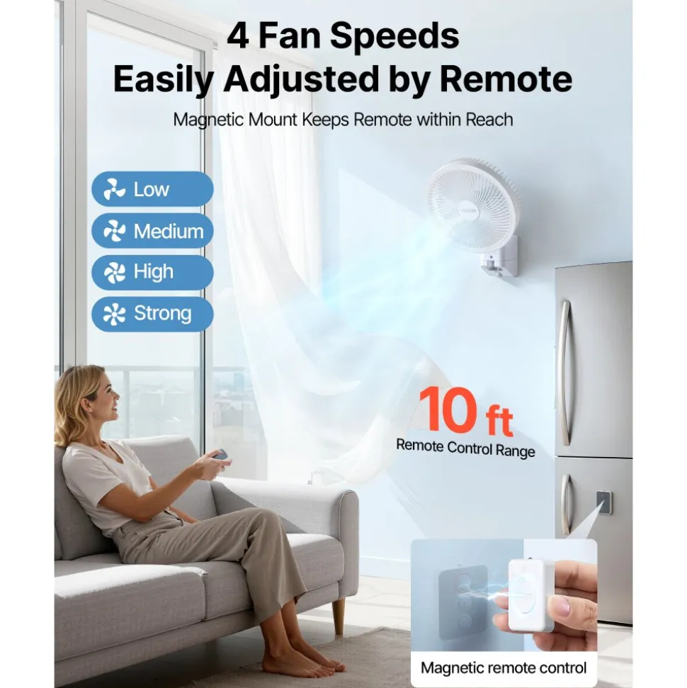 VEVOR 8.5 in Wall Mount Fan, Oscillating Hanging Fan with Remote Control, 10 ft Powerful Airflow, DC Motor, 4 Speeds & Timer, Auto 90° Horizontal & Manual Vertical Tilt, Ideal for Home, Office, RV