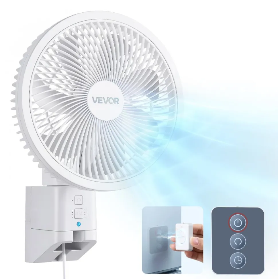VEVOR 8.5 in Wall Mount Fan, Oscillating Hanging Fan with Remote Control, 10 ft Powerful Airflow, DC Motor, 4 Speeds & Timer, Auto 90° Horizontal & Manual Vertical Tilt, Ideal for Home, Office, RV