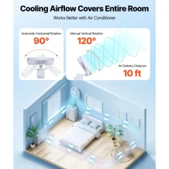 VEVOR 8.5 in Wall Mount Fan, Oscillating Hanging Fan with Remote Control, 10 ft Powerful Airflow, DC Motor, 4 Speeds & Timer, Auto 90° Horizontal & Manual Vertical Tilt, Ideal for Home, Office, RV