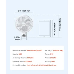 VEVOR 8.5 in Wall Mount Fan, Oscillating Hanging Fan with Remote Control, 10 ft Powerful Airflow, DC Motor, 4 Speeds & Timer, Auto 90° Horizontal & Manual Vertical Tilt, Ideal for Home, Office, RV