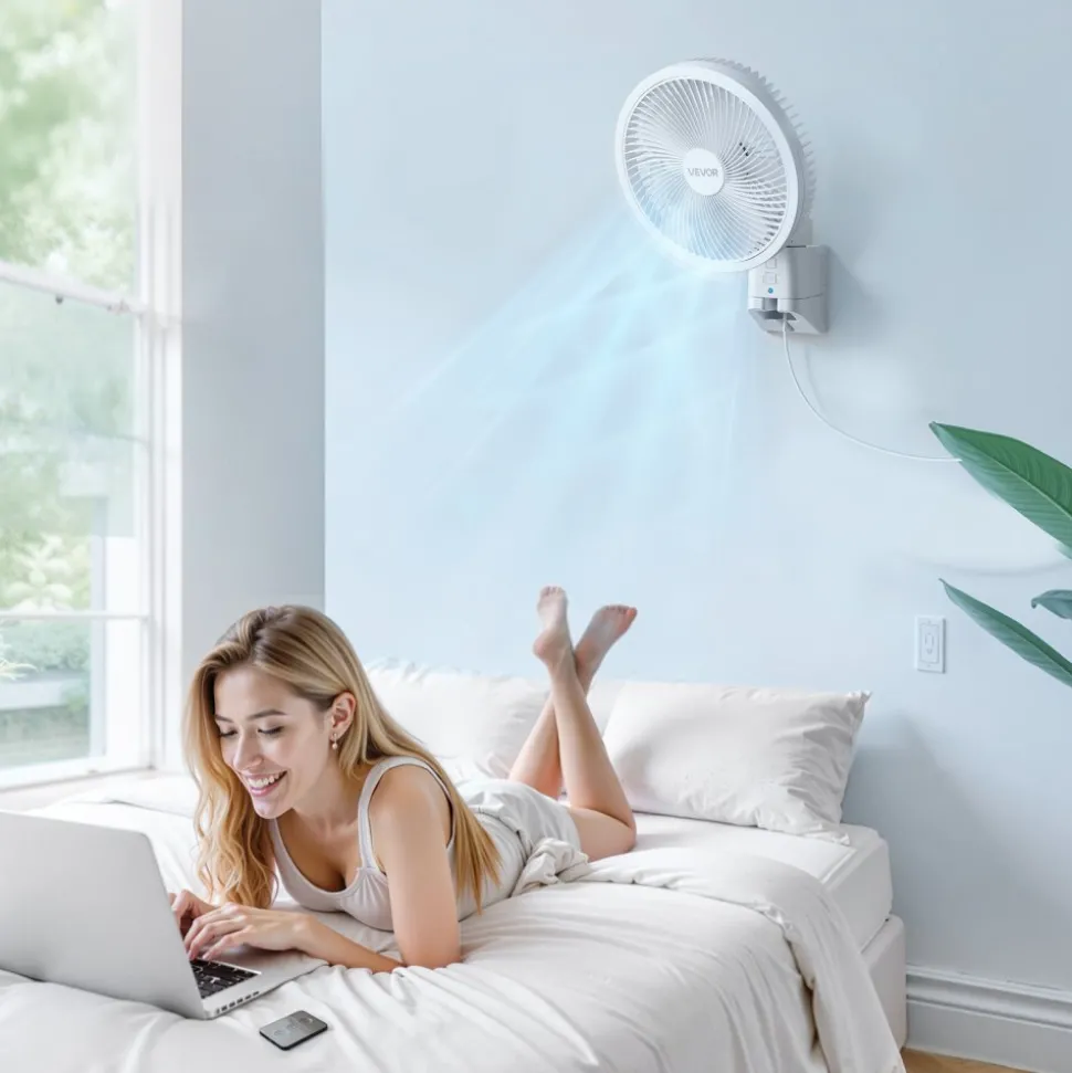 VEVOR 8.5 in Wall Mount Fan, Oscillating Hanging Fan with Remote Control, 10 ft Powerful Airflow, DC Motor, 4 Speeds & Timer, Auto 90° Horizontal & Manual Vertical Tilt, Ideal for Home, Office, RV